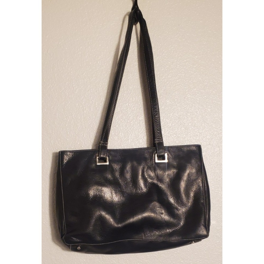 PERLINA Black Shoulder Bag Purse Tote Leather‎ Multi Compartments & Pockets - Picture 2 of 6